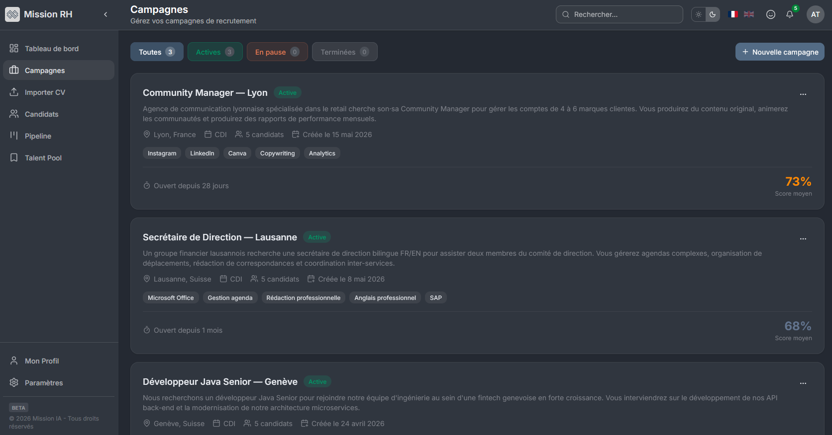 Campagnes de recrutement Mission RH — thème sombre