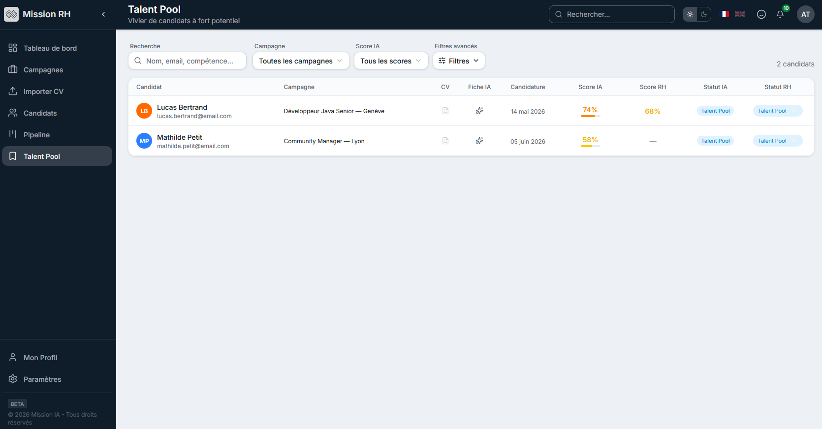 Talent Pool et CVthèque dans Mission RH