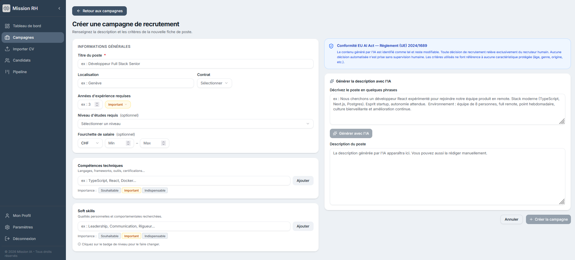 Création de campagne de recrutement dans Mission RH