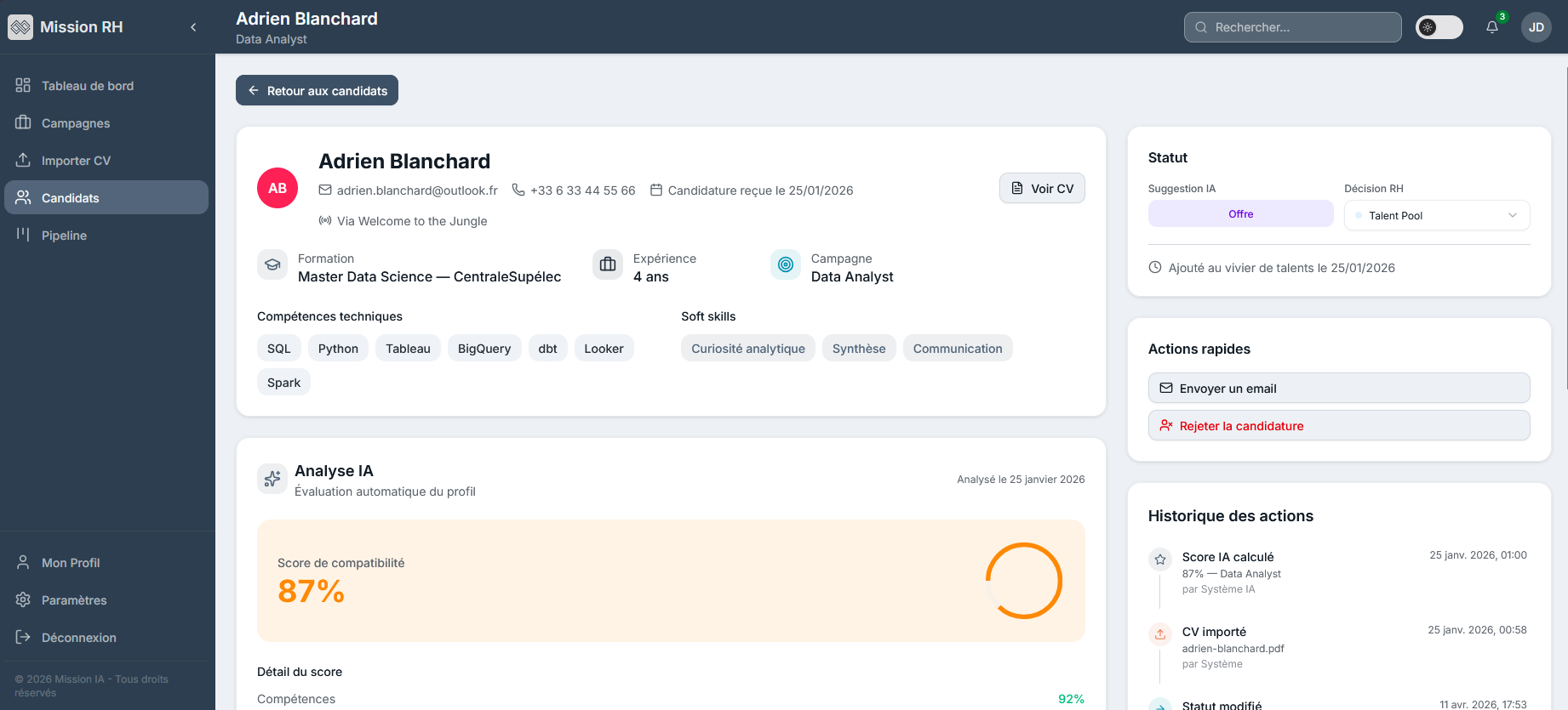 Fiche de résumé d'un candidat dans Mission RH