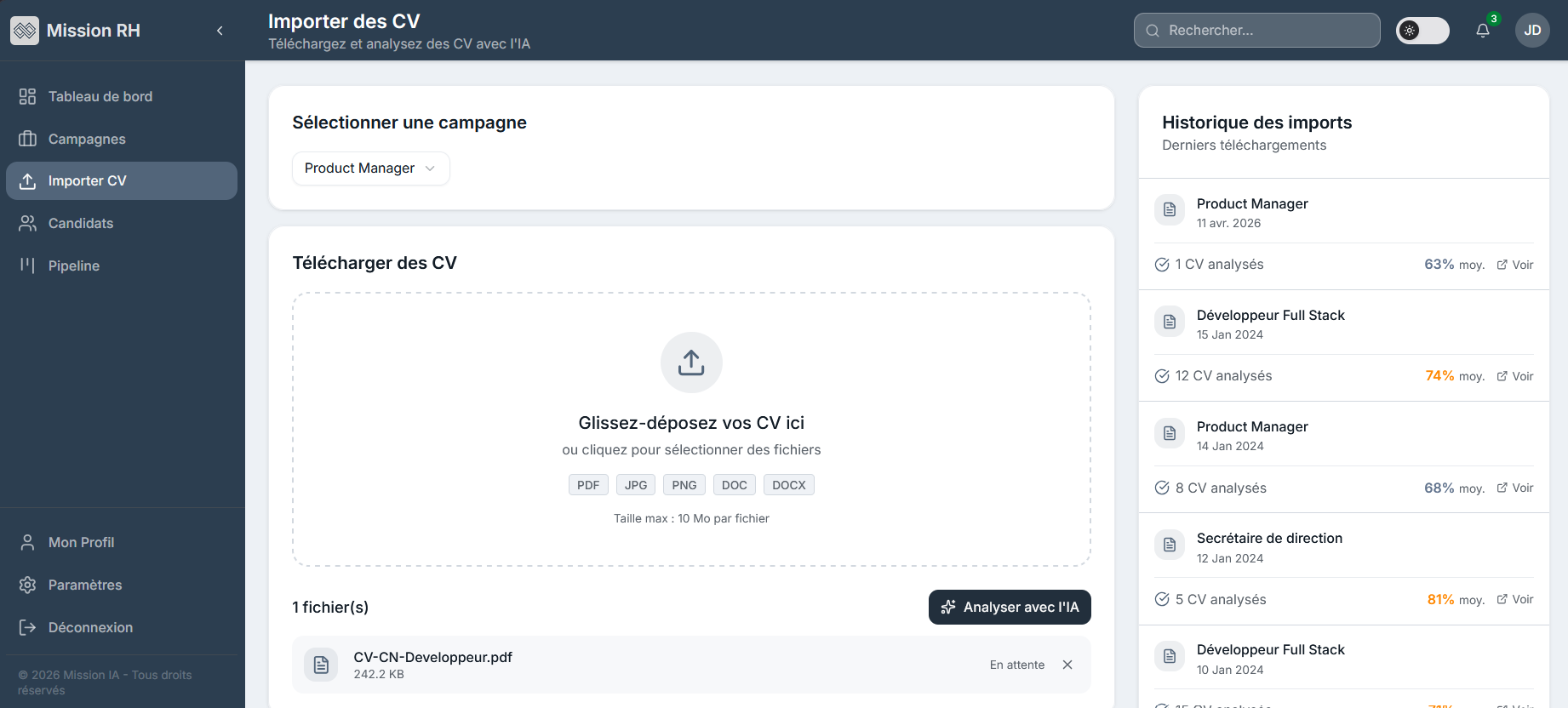 Import multiple de CV dans Mission RH